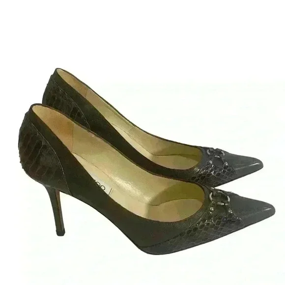 Jimmy Choo Watson Women’s Gray Leather Purple Snakeskin Pumps Size EUR 37/US 7 - Picture 1 of 12